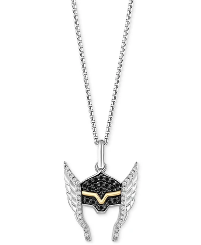 Marvel Wonder Fine Jewelry Black Diamond (1/6 ct. t.w.) & White Diamond (1/10 ct. t.w.) Thor Helmet 18" Pendant Necklace in Sterling Silver & Gold-Pla
