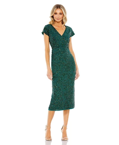 Mac Duggal Women's Sequined Short Sleeve Wrap Over Cocktail Dress