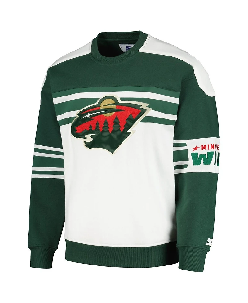 Men's Starter White Minnesota Wild Defense Fleece Crewneck Pullover Sweatshirt