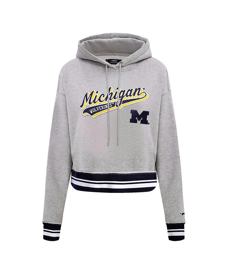 Women's Pro Standard Heather Gray Michigan Wolverines Script Tail Fleece Cropped Pullover Hoodie