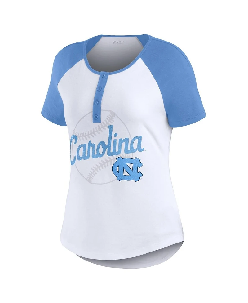 Women's Wear by Erin Andrews White Distressed North Carolina Tar Heels Baseball Logo Raglan Henley T-shirt