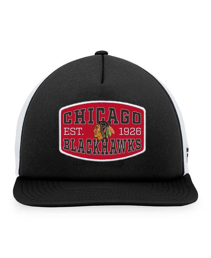 Men's Fanatics Black, White Chicago Blackhawks Foam Front Patch Trucker Snapback Hat