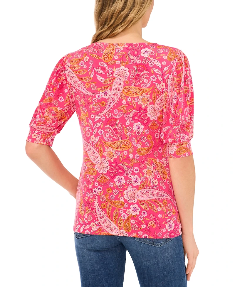 CeCe Women's Paisley-Print Shirred Scoop-Neck 3/4-Sleeve Knit Top