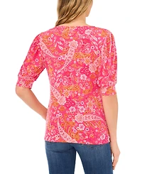 CeCe Women's Paisley-Print Shirred Scoop-Neck 3/4-Sleeve Knit Top