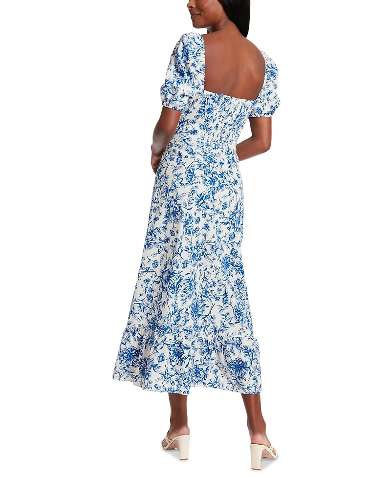 London Times Women's Puff-Sleeve Ruched Smocked-Back Empire Midi Dress