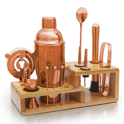 Touch of Mixology Premium 14 Piece Stainless Steel Bartender Kit with Bamboo Stand (Rose Gold)