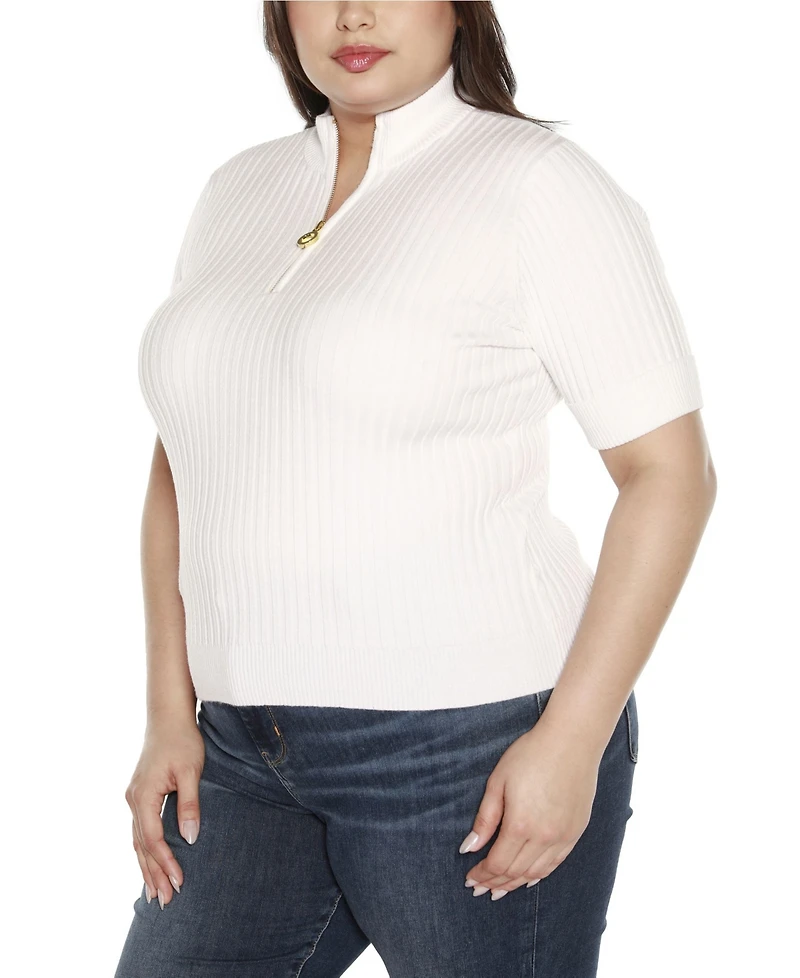 Belldini Black Label Plus Mock Neck Zip Front Ribbed Short Sleeve Sweater