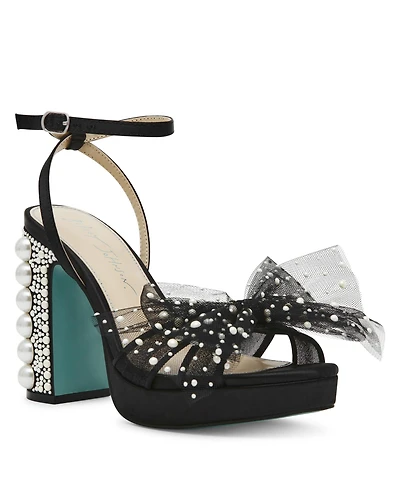 Betsey Johnson Women's Lulu Mesh Bow Block Heel Dress Sandals
