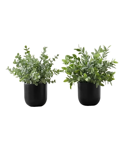 Monarch Specialties 11" Indoor Artificial Eucalyptus Grass Plants with Decorative Black Pots, Set Of 2