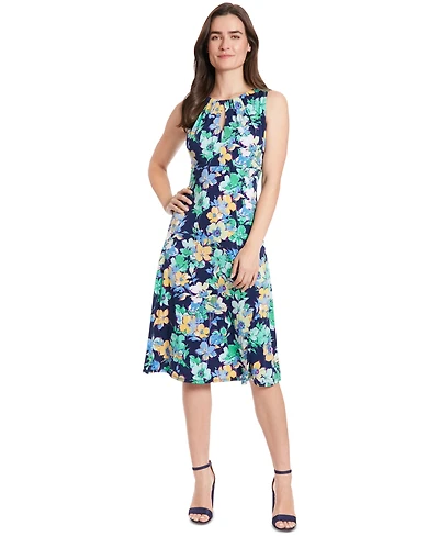 London Times Petite Keyhole Pleat-Neck A-Line Dress