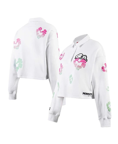 Women's Freeze Max White Peanuts Snoopy Sweet Heart Long Sleeve Cropped Polo