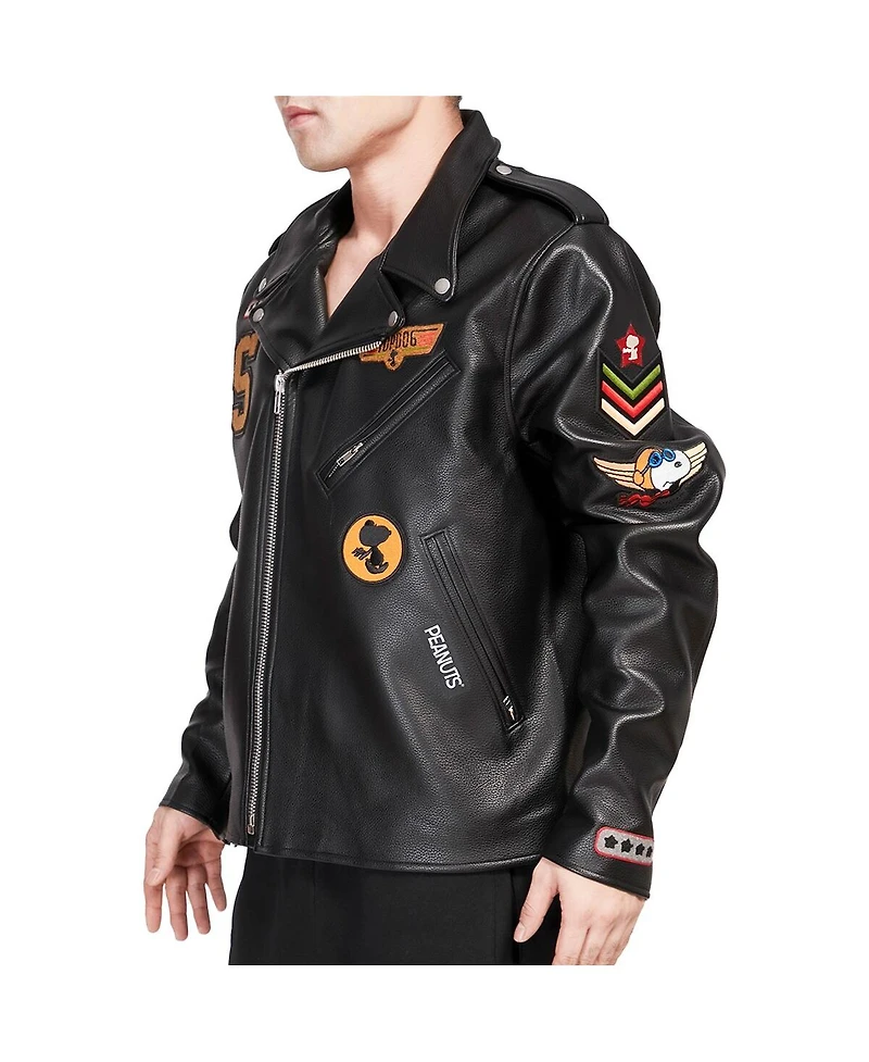 Men's Freeze Max Snoopy Black Peanuts Graphic Biker Full-Zip Jacket