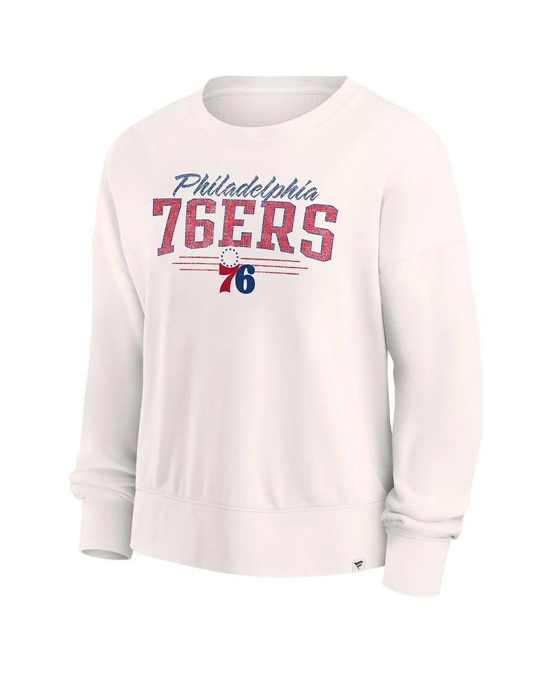 Women's Fanatics Cream Distressed Philadelphia 76ers Close the Game Pullover Sweatshirt