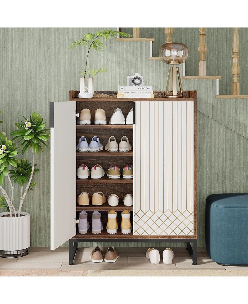 Tribesigns 25 Pair Shoe Cabinets with Doors, 5-tier Modern Rack Organizer Cabinet, Freestanding Wood Storage Cabinet for Bedroom Hallway Living R