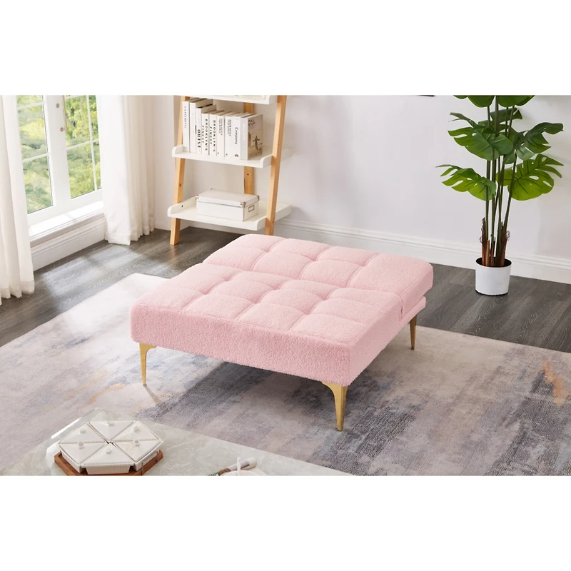 Convertible Single Sofa Bed Futon With Gold Metal Legs Teddy Fabric (Pink)