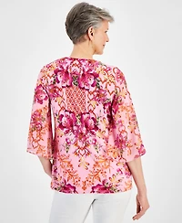Jm Collection Women's Button-Trim Printed 3/4-Sleeve Top, Created for Macy's