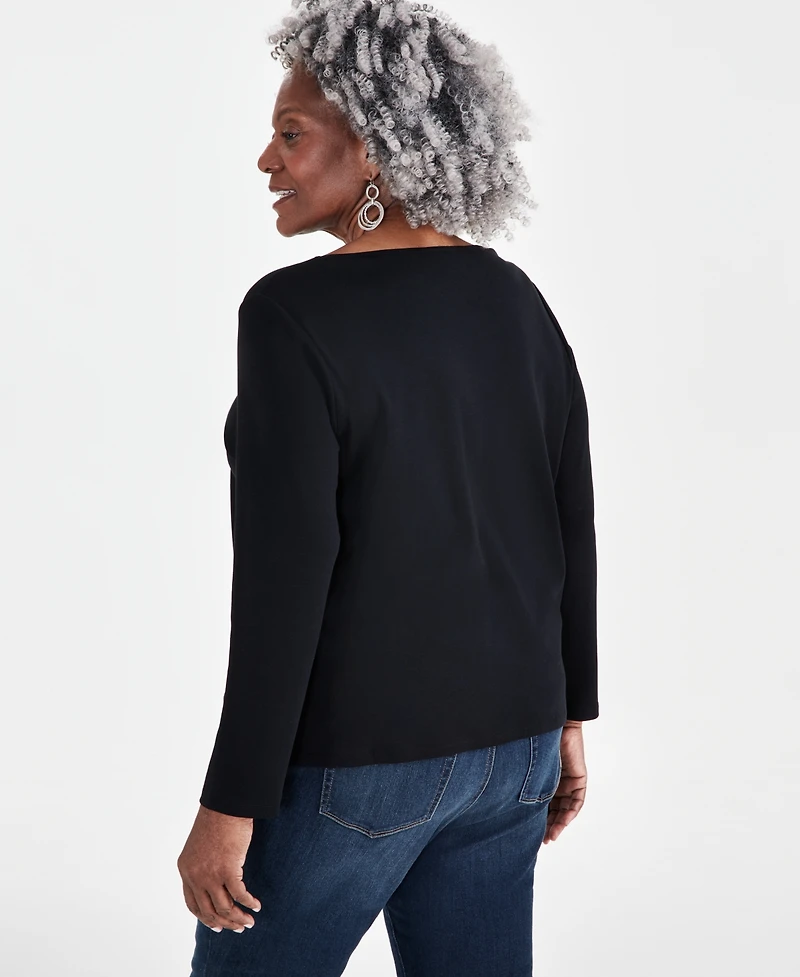 Style & Co Petite Scoop-Neck Long-Sleeve Cotton Top, Created for Macy's
