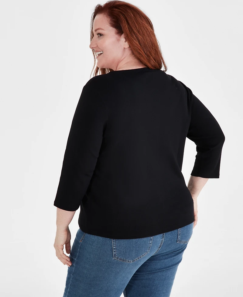 Style & Co Plus 3/4-Sleeve Cotton Henley Top, Exclusively at Macy's