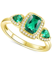 Emerald (7/8 ct. t.w.) & Lab-Grown White Sapphire (1/6 ct. t.w.) Three Stone Halo Ring in 14k Gold-Plated Sterling Silver