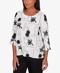 Alfred Dunner Women's Opposites Attract Geometric Crew Neck Top