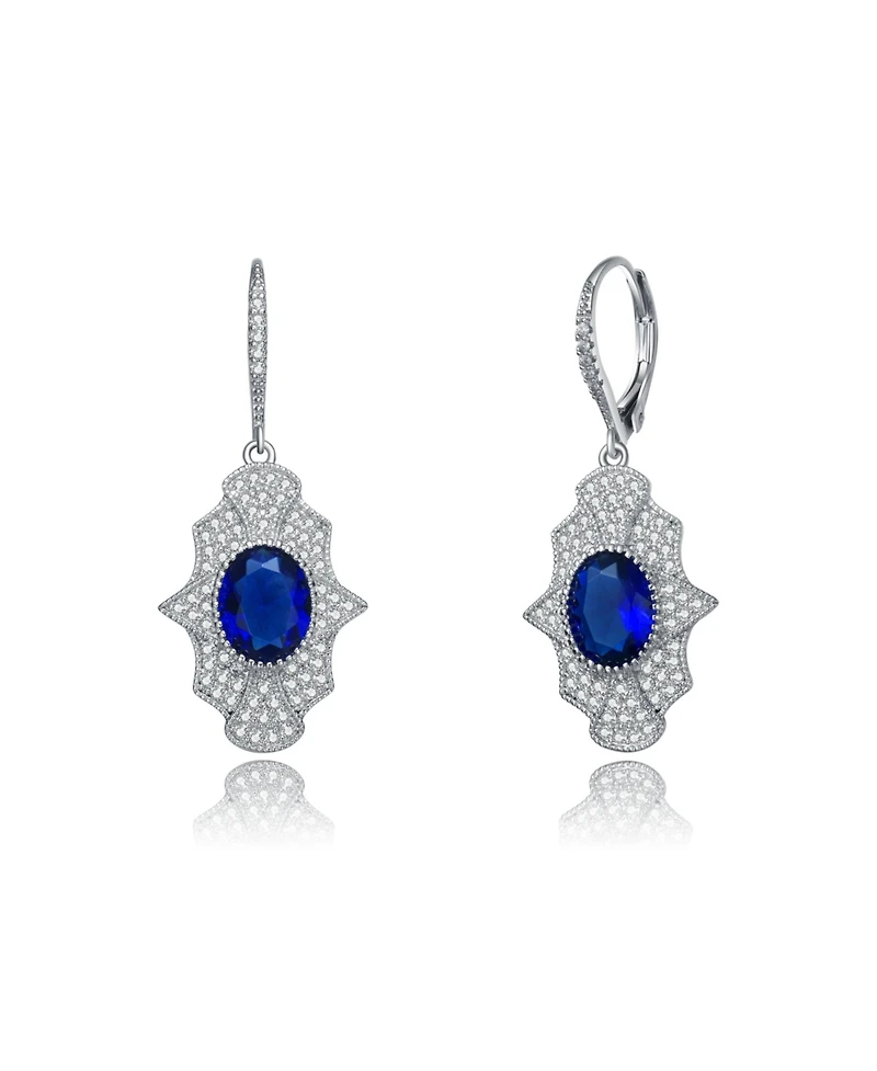 Sterling Silver with White Gold Plated Oval Cubic Zirconia Embellish Leverback Earrings