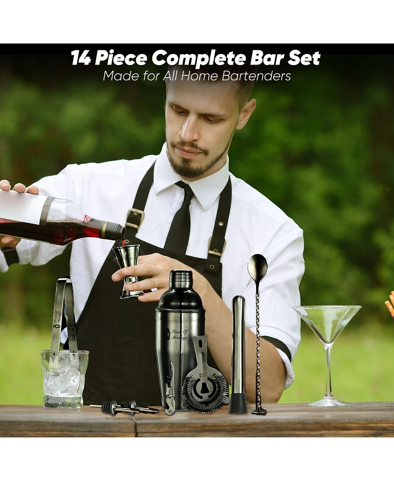 Touch of Mixology Premium 14 Piece Stainless Steel Bartender Kit with Bamboo Stand (Dark Metallic)
