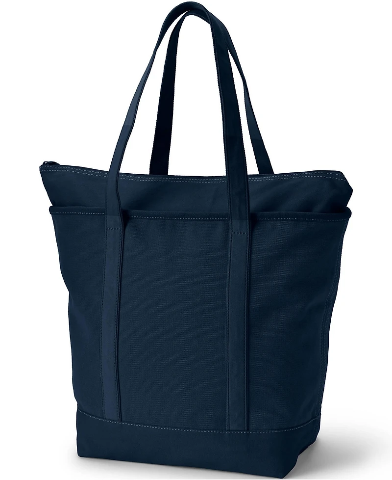 Lands' End Large Solid Color 5 Pocket Zip Top Long Handle Canvas Tote Bag