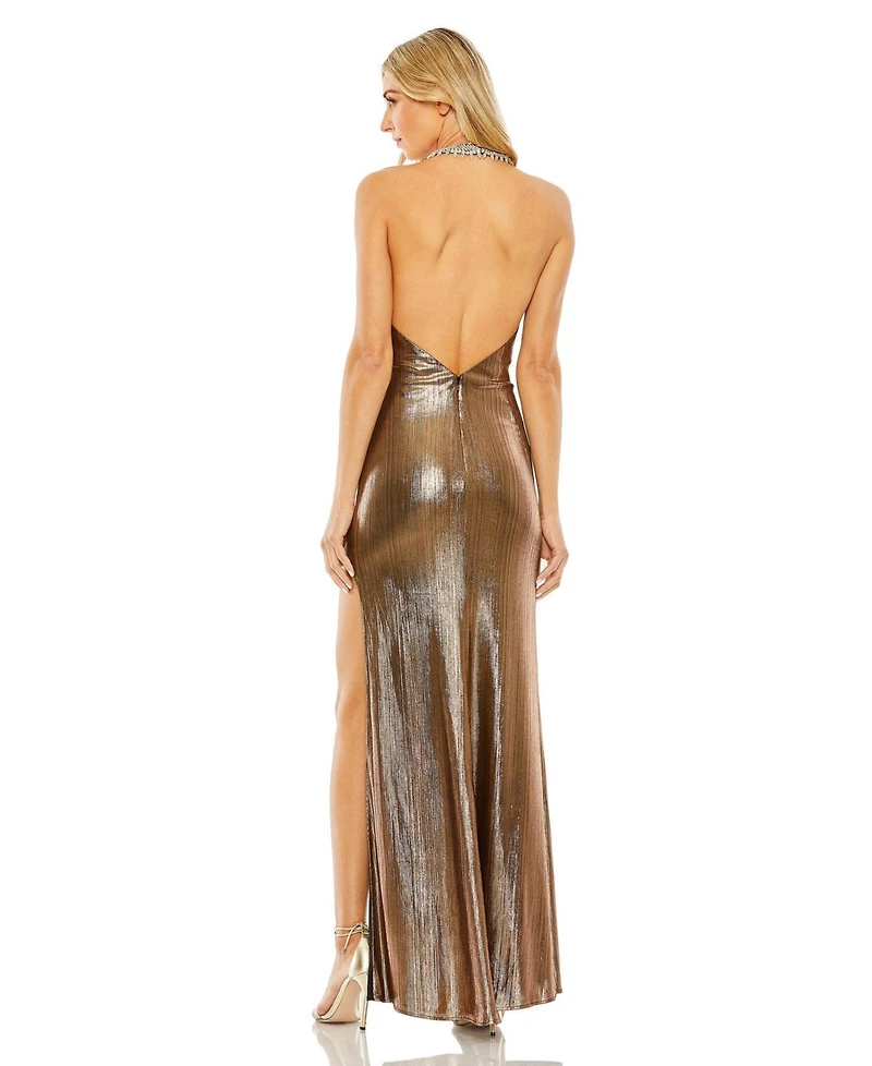 Mac Duggal Women's High Neck Crystal Detail Metallic Slit Gown