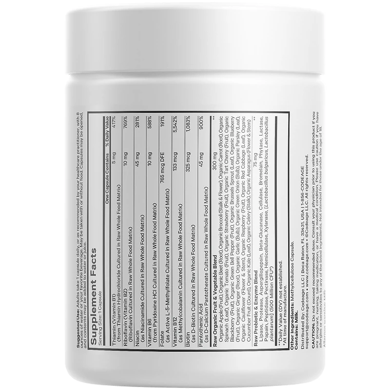 Raw Vitamin B-Complex Supplement - Essential B Vitamins with Probiotics, Digestive Enzymes, Fruits & Vegetables - 2-Month Supply - Methylfolate