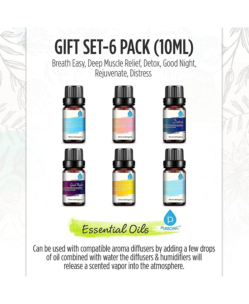 Pursonic 6 Pack of 100% Pure Essential Aromatherapy Oils Blends