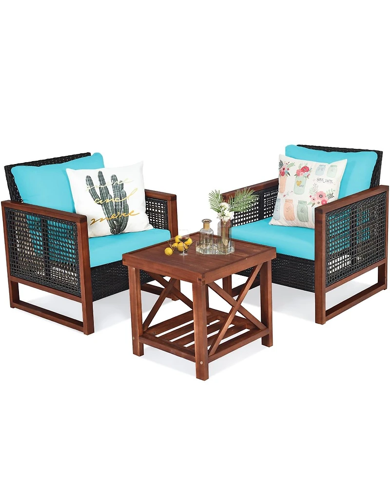 Slickblue 3 Pieces Patio Wicker Furniture Set with Washable Cushion and Acacia Wood Coffee Table