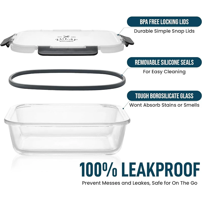 5 Pack Glass Meal Prep Containers with Lids - Airtight, Premium Borosilicate Glass Food Storage Containers