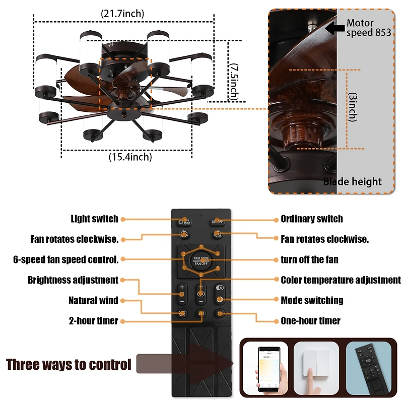 Streamdale 21.7" Ceiling Fan with Remote and Dimmable Light