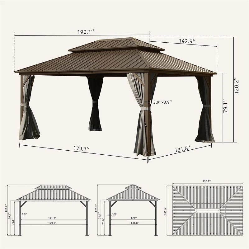 12' X 16' Hardtop Gazebo, Aluminum Metal Gazebo Withnized Steel Double Roof Canopy