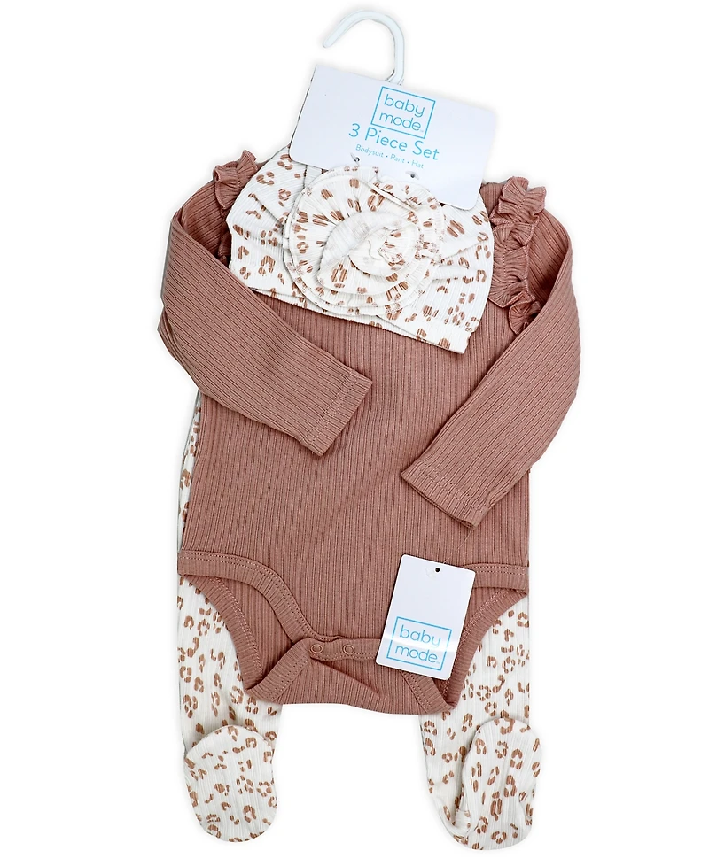 Baby Mode Baby Girls Take Me Home 3 Piece Layette Set, Mauve Leopard