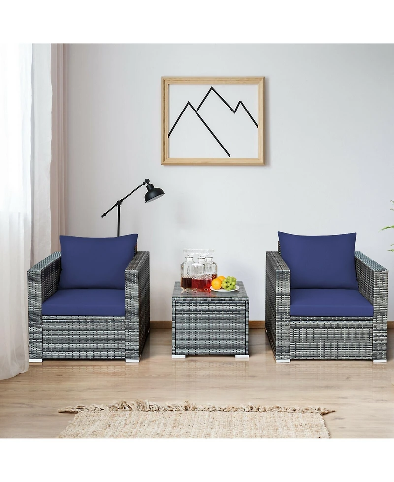 Slickblue 3 Pcs Patio Rattan Furniture Bistro Sofa Set with Cushioned