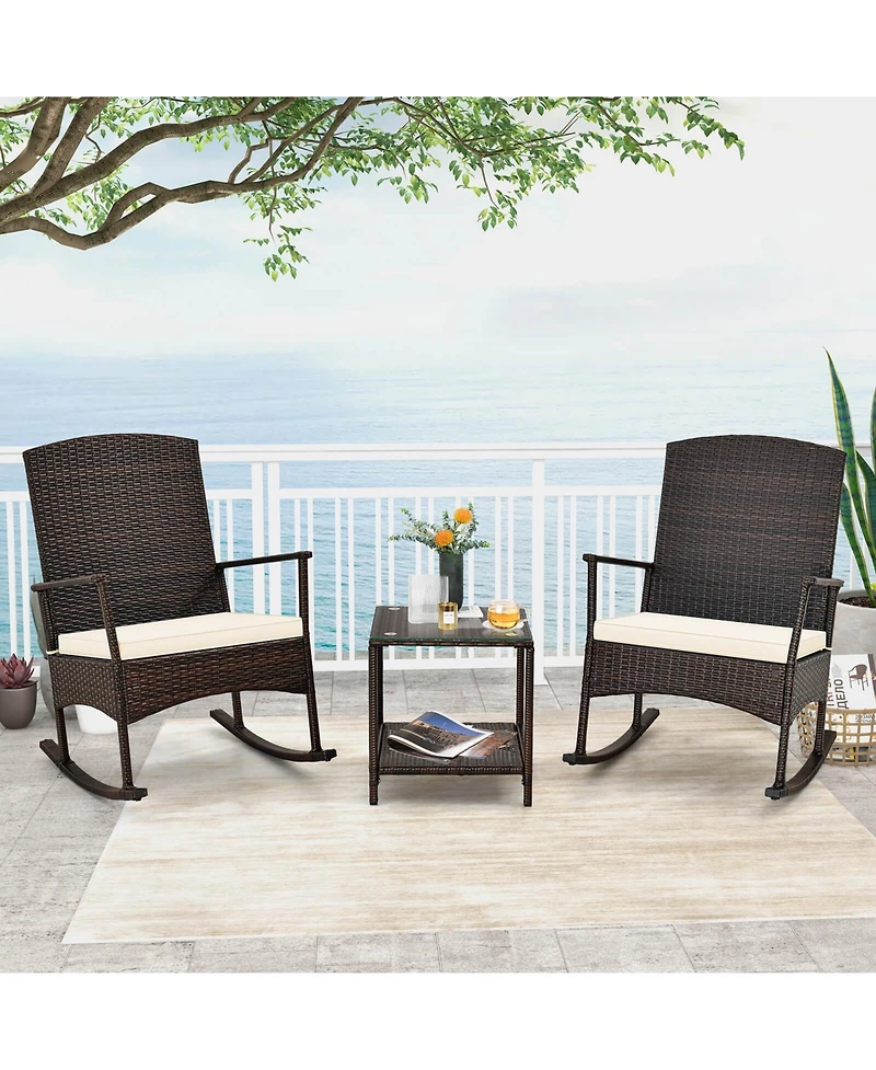 Slickblue 3 Piece Patio Rocking Set Wicker Chairs with 2-Tier Coffee Table
