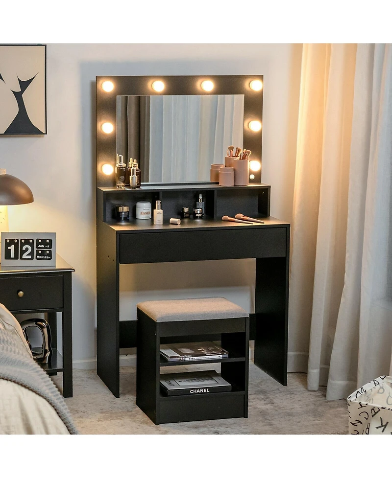 Slickblue Vanity Table Set with Lighted Mirror and Cushion Stool-Black
