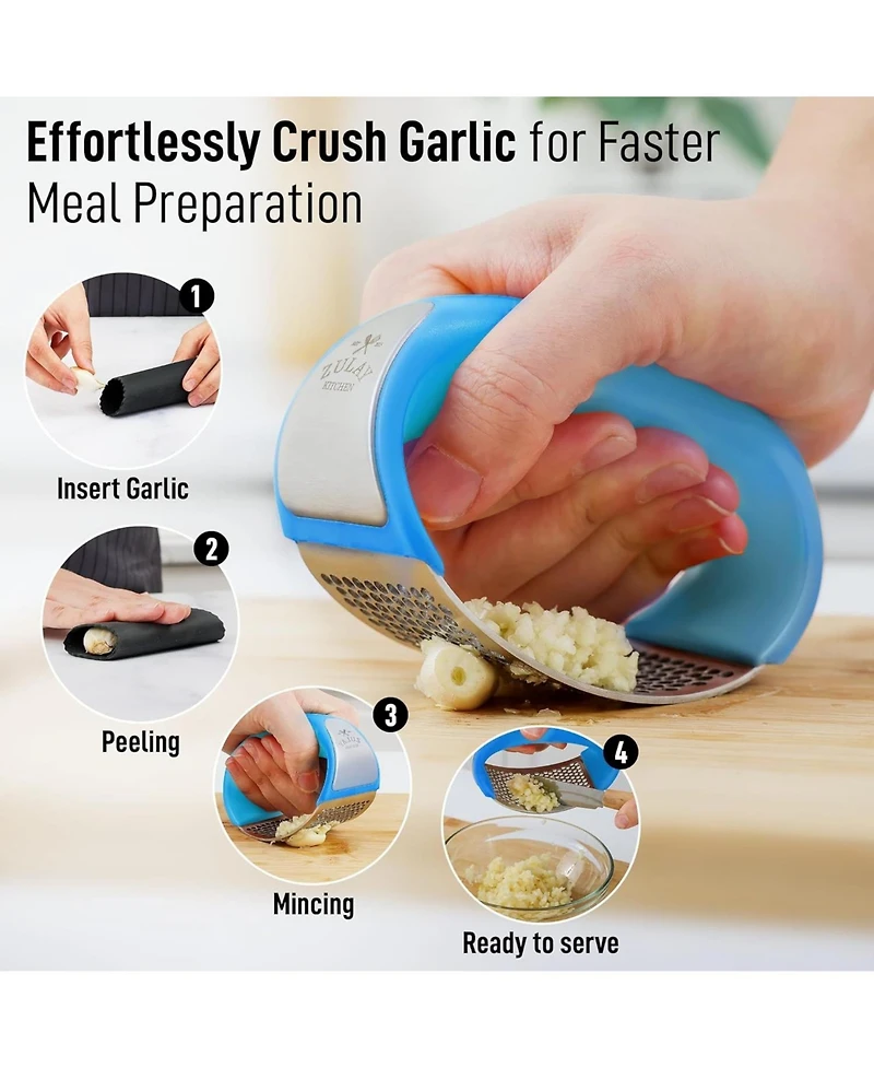 Stainless Steel Garlic Press Rocker Set - Premium Garlic Mincer Garlic Crusher with Peeler and Scraper
