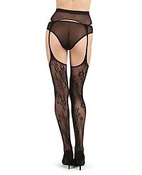 MeMoi Women's All-In-One Lace Suspender Floral Fishnet Tights