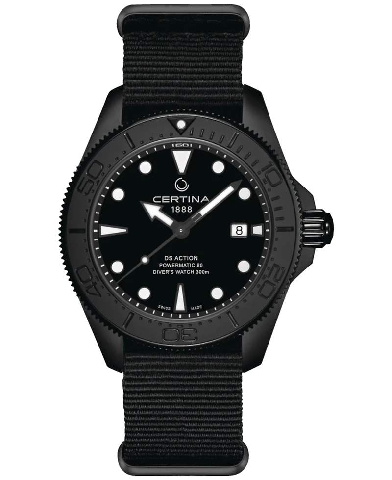 Certina Men's Swiss Automatic Ds Action Black Synthetic Nylon Strap Watch 43mm