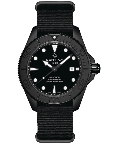 Certina Men's Swiss Automatic Ds Action Black Synthetic Nylon Strap Watch 43mm