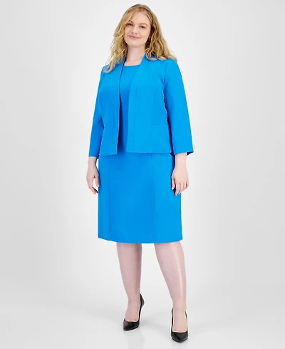 Le Suit Plus Crepe Open Front Jacket and Crewneck Sheath Dress
