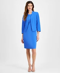 Le Suit Women's Crepe Open Front Jacket & Crewneck Sheath Dress Set, Regular Petite