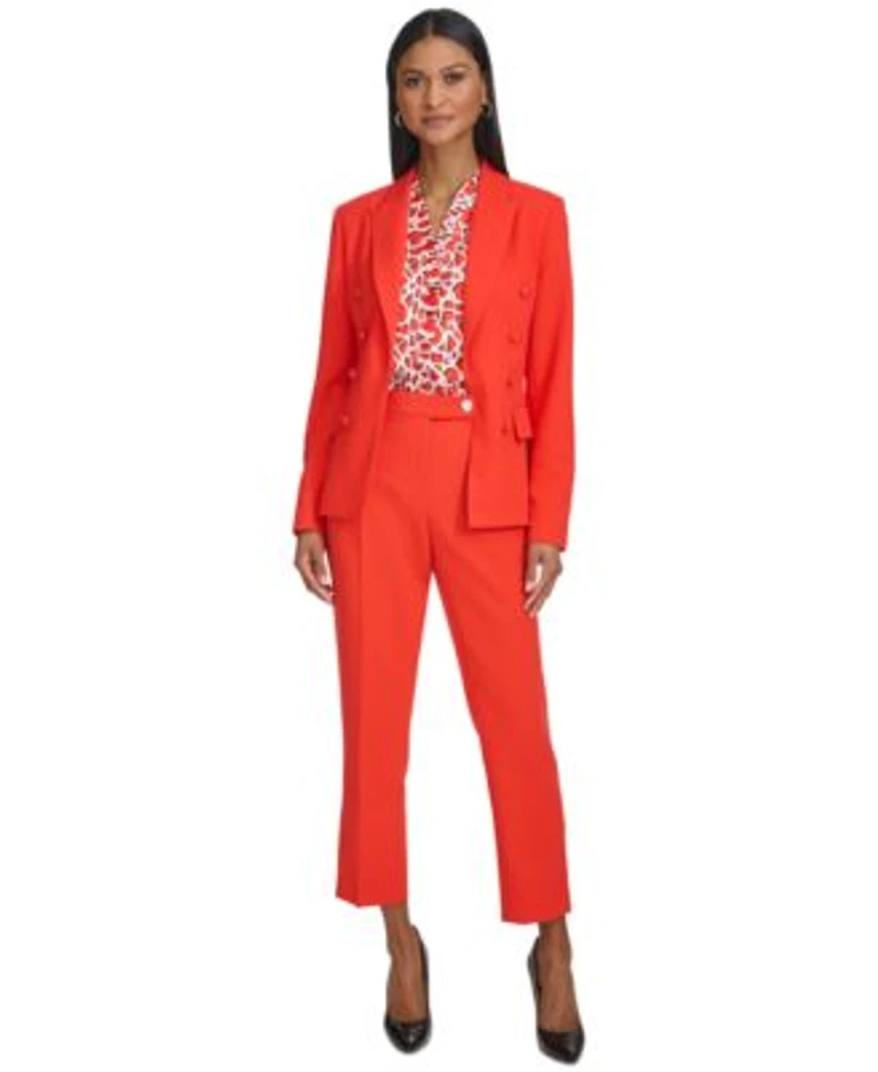 Karl Lagerfeld Womens Peak Lapel Jacket V Neck Ruffle Trim Top Extended Tab Pants