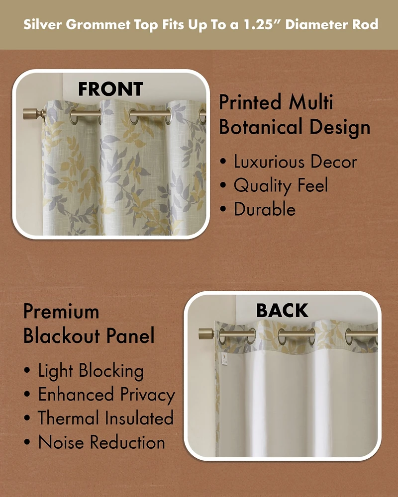 SunSmart Julie Botanical Blackout Curtain Panel for Bedroom, Grommet Top Single Living Room, Width 50 length 95 inches, Yellow Window Pane