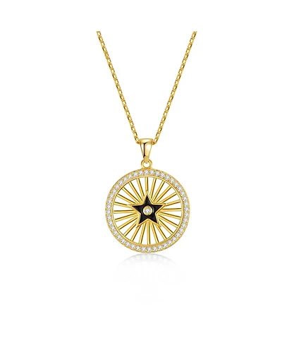 Sterling Silver 14k Gold Plated with Cubic Zirconia Rays of Light Black Enamel Star Medallion Pendant Necklace