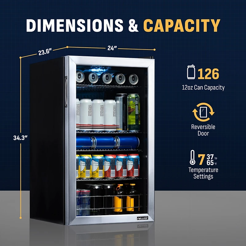 Newair 126 Can Freestanding Beverage Fridge in Stainless Steel with Adjustable Shelves