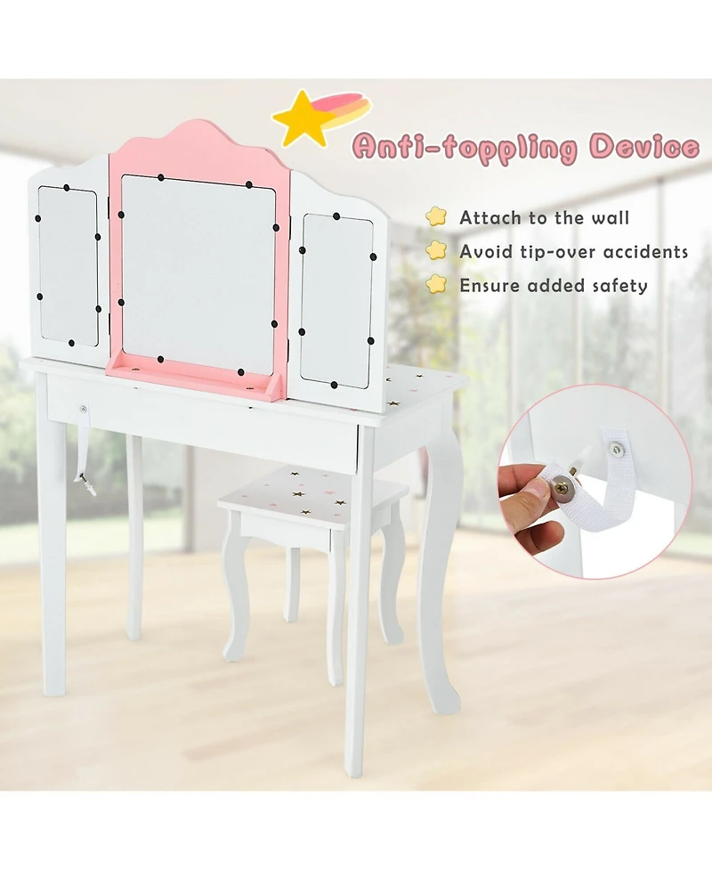 Slickblue Kids Princess Vanity Table and Stool Set with Tri-folding Mirror Drawer