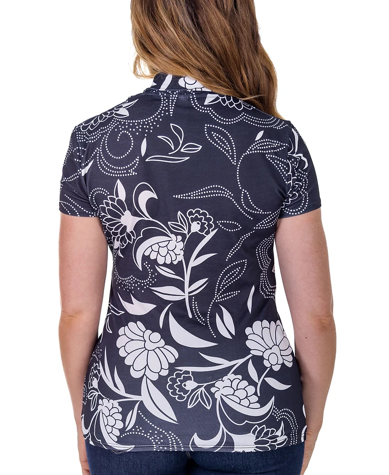 24seven Comfort Apparel Print Short Sleeve V Neck Wrap Top